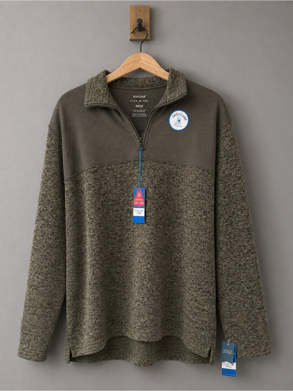 Haggar Cool 18 Pro 2X Quarter Zip Pullover Sweater Olive Soft Touch Easy Care